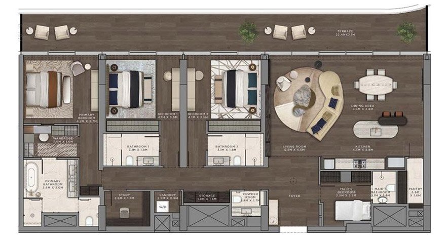 Mandarin Oriental Residences Saadiyat Island 3-BR Apartment Floor Plan